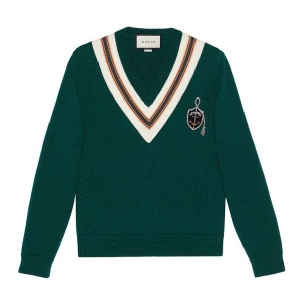 Gucci Forest Green Anchor Crest V Neck Wool Sweater Made Italy Varsity College - Picture 1 of 16
